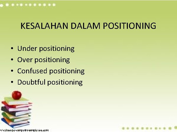 KESALAHAN DALAM POSITIONING • • Under positioning Over positioning Confused positioning Doubtful positioning 