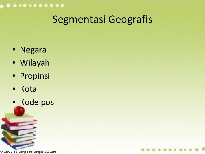 Segmentasi Geografis • • • Negara Wilayah Propinsi Kota Kode pos 