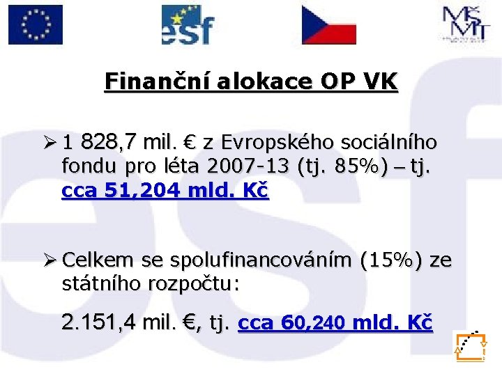 Finanční alokace OP VK Ø 1 828, 7 mil. € z Evropského sociálního fondu