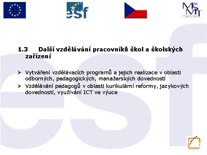 1. 3 Další vzdělávání pracovníků škol a školských zařízení Ø Vytváření vzdělávacích programů a