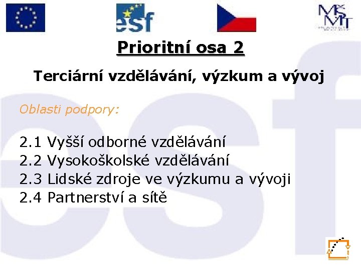 Prioritní osa 2 Terciární vzdělávání, výzkum a vývoj Oblasti podpory: 2. 1 2. 2