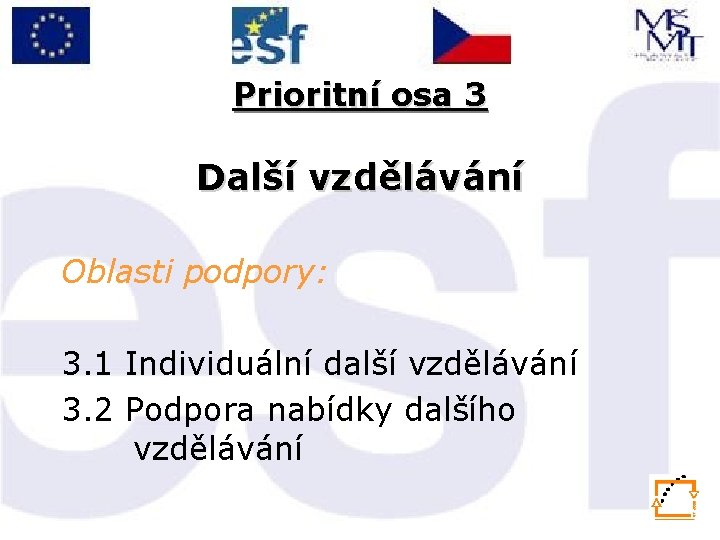 Prioritní osa 3 Další vzdělávání Oblasti podpory: 3. 1 Individuální další vzdělávání 3. 2