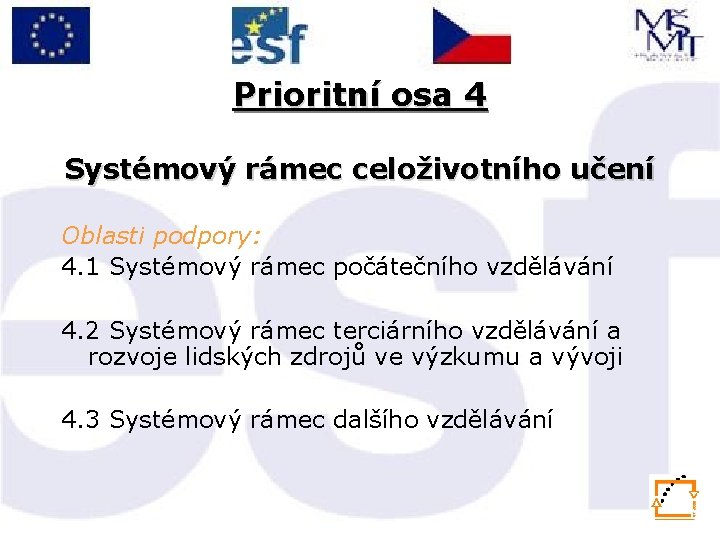 Prioritní osa 4 Systémový rámec celoživotního učení Oblasti podpory: 4. 1 Systémový rámec počátečního