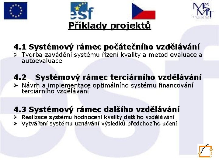 Příklady projektů 4. 1 Systémový rámec počátečního vzdělávání Ø Tvorba zavádění systému řízení kvality