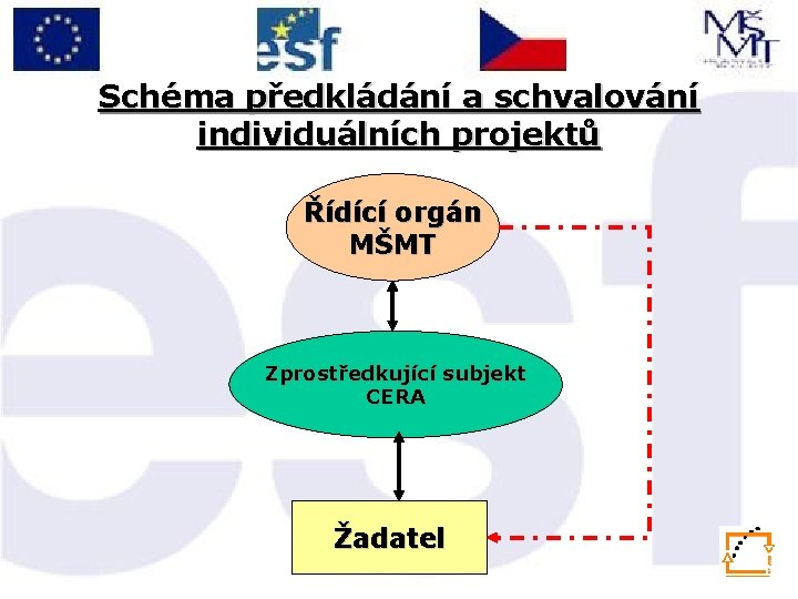 Schéma předkládání a schvalování individuálních projektů Řídící orgán MŠMT Zprostředkující subjekt CERA Žadatel 