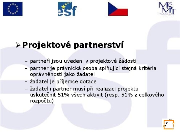 Ø Projektové partnerství – partneři jsou uvedeni v projektové žádosti – partner je právnická