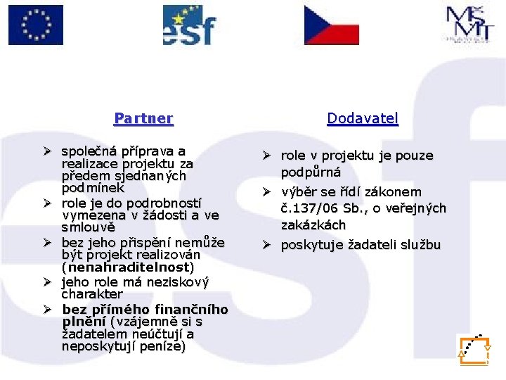 Partner Ø společná příprava a realizace projektu za předem sjednaných podmínek Ø role je