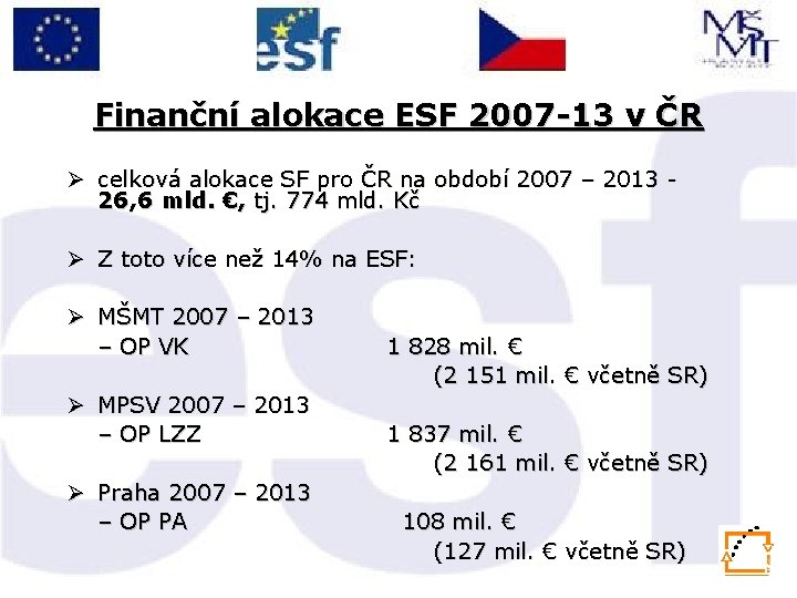 Finanční alokace ESF 2007 -13 v ČR Ø celková alokace SF pro ČR na