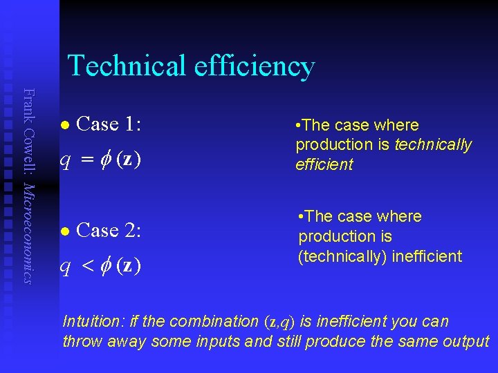 Technical efficiency Frank Cowell: Microeconomics n Case 1: q = (z) n Case 2: