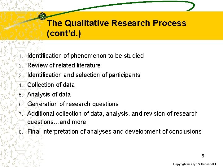 The Qualitative Research Process (cont’d. ) 1. Identification of phenomenon to be studied 2.