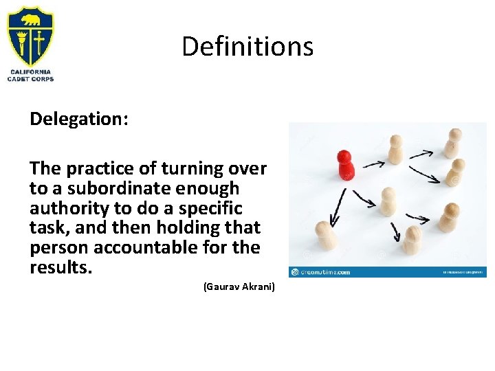 Definitions Delegation: The practice of turning over to a subordinate enough authority to do
