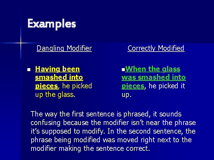 Examples Dangling Modifier n Having been smashed into pieces, he picked up the glass.