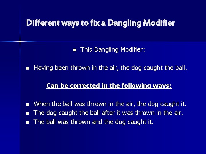 Different ways to fix a Dangling Modifier n n This Dangling Modifier: Having been