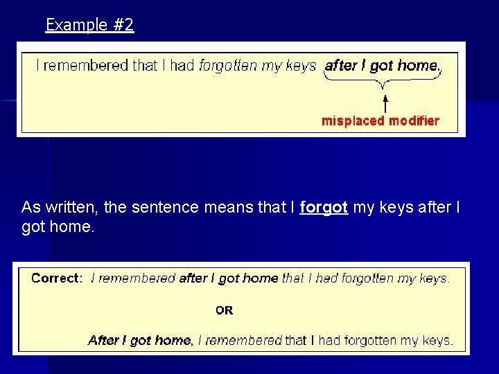 Example #2 As written, the sentence means that I forgot my keys after I
