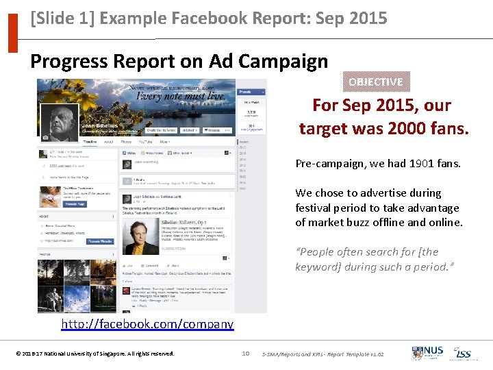 [Slide 1] Example Facebook Report: Sep 2015 Progress Report on Ad Campaign OBJECTIVE For