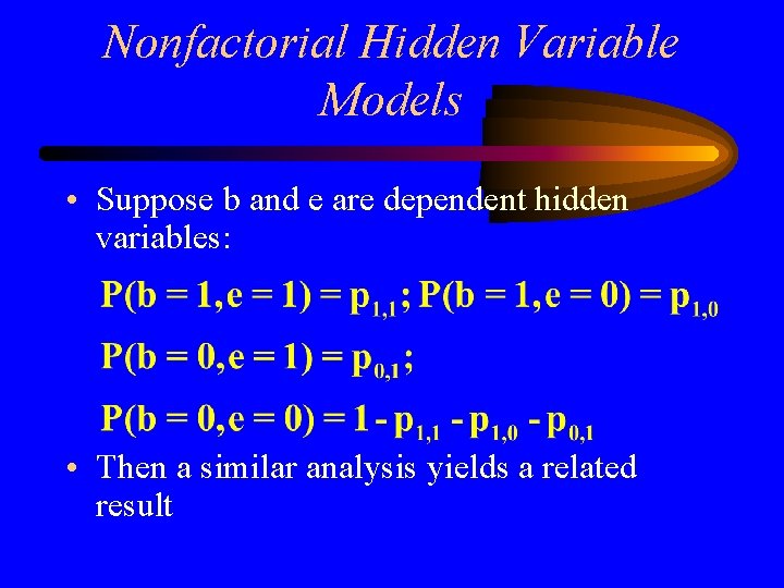 Nonfactorial Hidden Variable Models • Suppose b and e are dependent hidden variables: •
