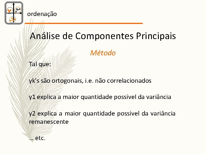 ordenação Análise de Componentes Principais Método Tal que: yk's são ortogonais, i. e. não