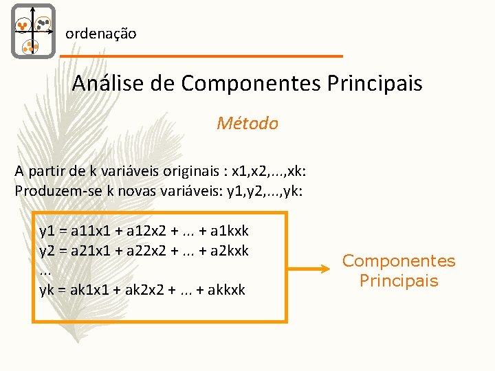 ordenação Análise de Componentes Principais Método A partir de k variáveis originais : x