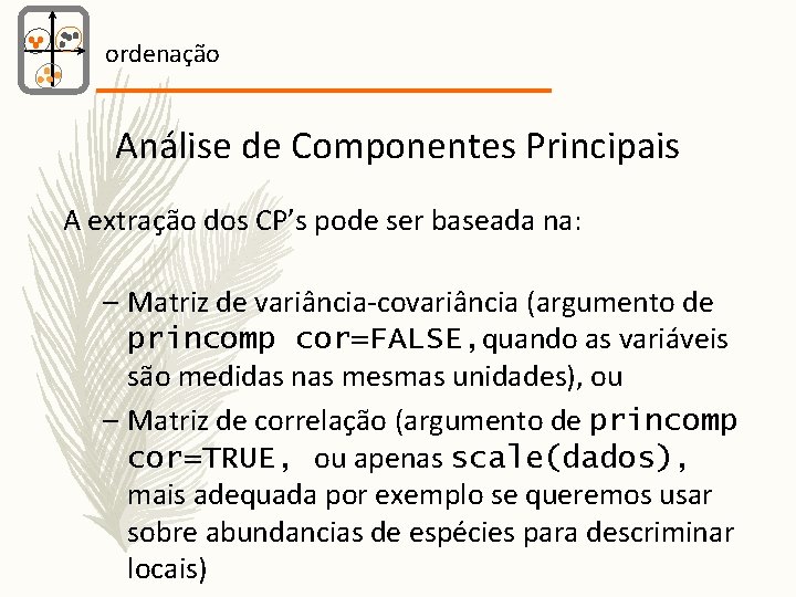 ordenação Análise de Componentes Principais A extração dos CP’s pode ser baseada na: –