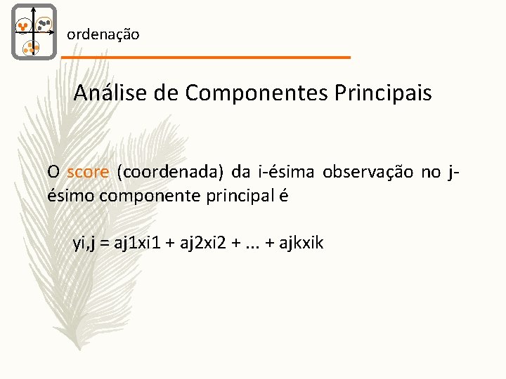 ordenação Análise de Componentes Principais O score (coordenada) da i-ésima observação no jésimo componente