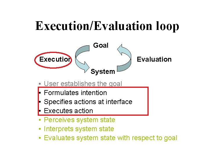 Execution/Evaluation loop Goal Execution Evaluation System • • User establishes the goal Formulates intention