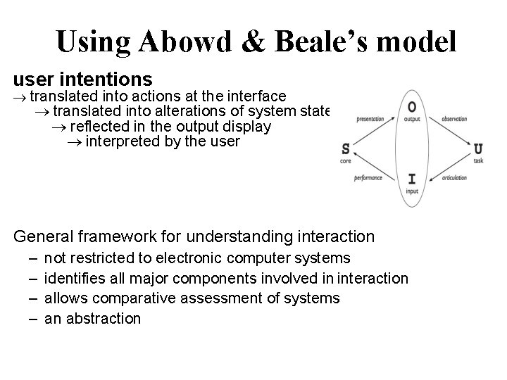 Using Abowd & Beale’s model user intentions translated into actions at the interface translated