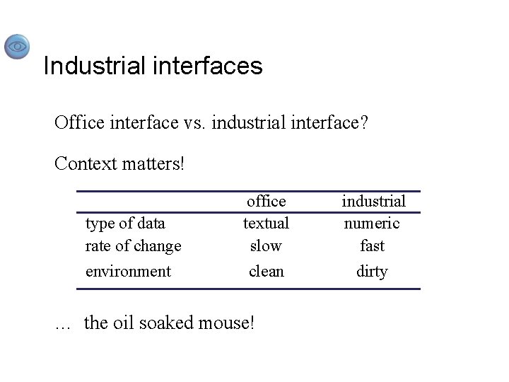 Industrial interfaces Office interface vs. industrial interface? Context matters! type of data rate of