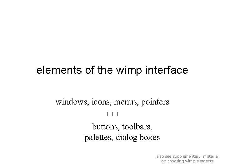 elements of the wimp interface windows, icons, menus, pointers +++ buttons, toolbars, palettes, dialog