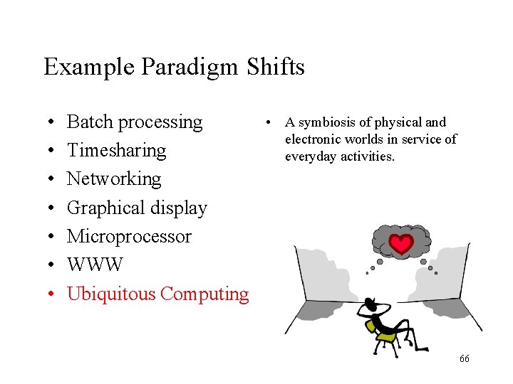 Example Paradigm Shifts • • Batch processing Timesharing Networking Graphical display Microprocessor WWW Ubiquitous