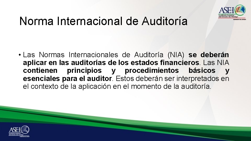 Norma Internacional de Auditoría • Las Normas Internacionales de Auditoría (NIA) se deberán aplicar
