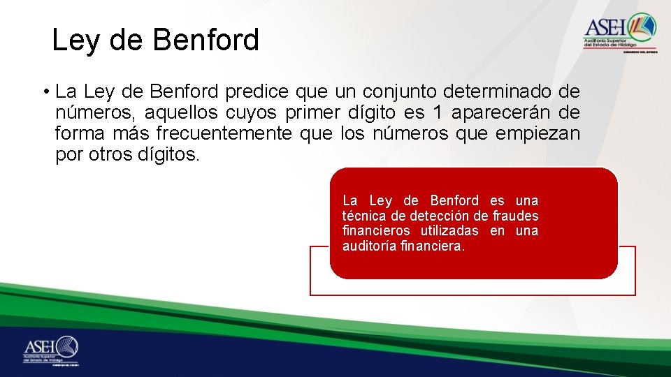 Ley de Benford • La Ley de Benford predice que un conjunto determinado de