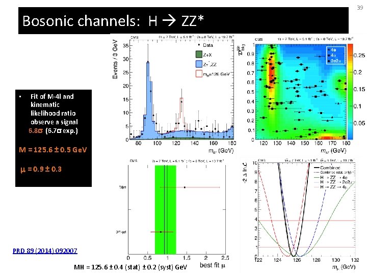 Bosonic channels: H ZZ* • Fit of M-4 l and kinematic likelihood ratio observe
