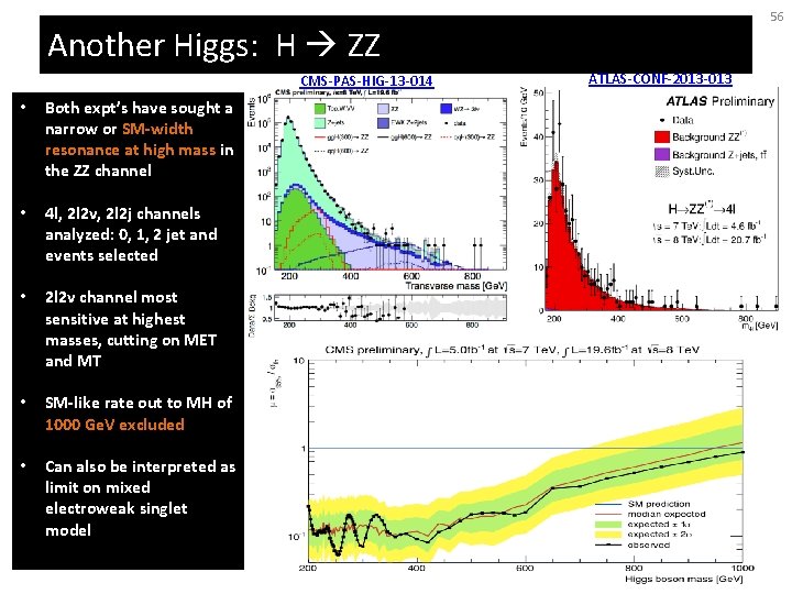 56 Another Higgs: H ZZ CMS-PAS-HIG-13 -014 • Both expt’s have sought a narrow