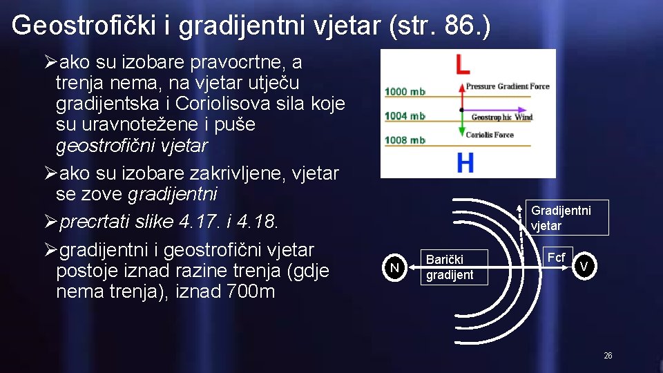 Geostrofički i gradijentni vjetar (str. 86. ) Øako su izobare pravocrtne, a trenja nema,