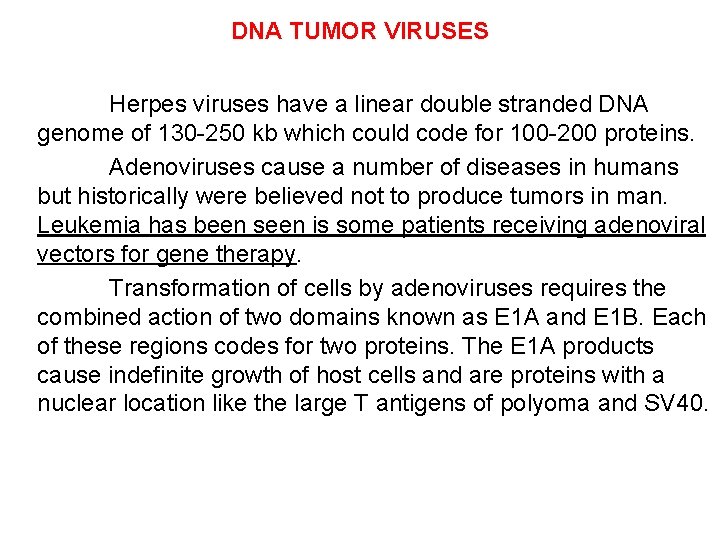DNA TUMOR VIRUSES Herpes viruses have a linear double stranded DNA genome of 130