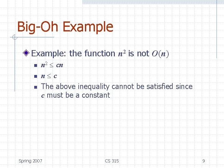 Big-Oh Example: the function n 2 is not O(n) n n 2 cn n