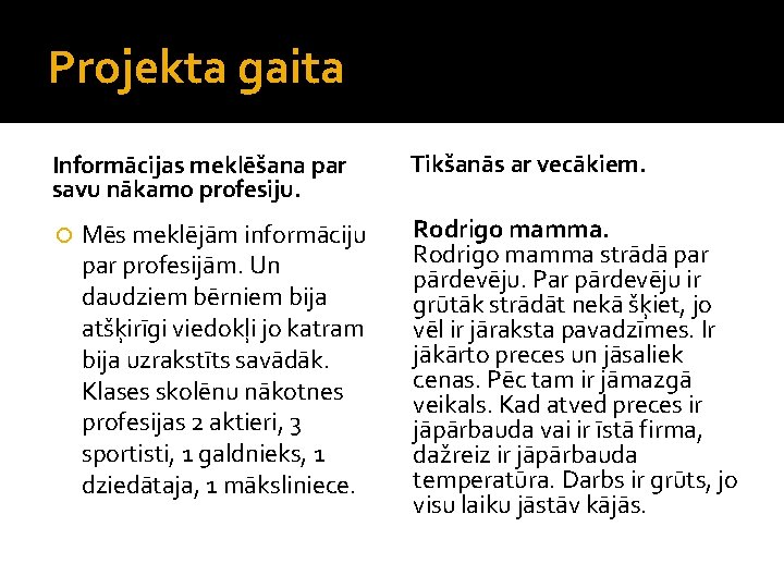 Projekta gaita Informācijas meklēšana par savu nākamo profesiju. Mēs meklējām informāciju par profesijām. Un