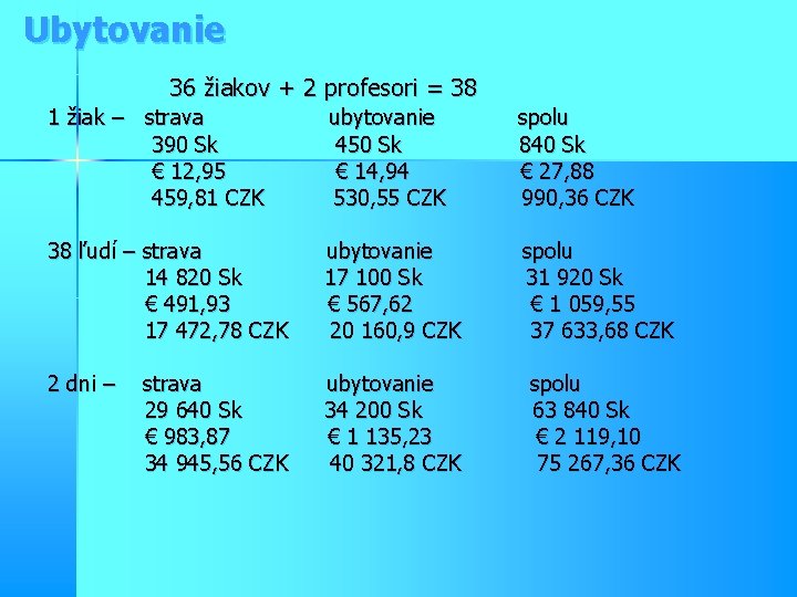 Ubytovanie 36 žiakov + 2 profesori = 38 1 žiak – strava 390 Sk