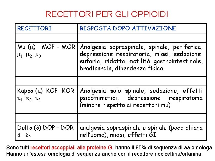 RECETTORI PER GLI OPPIOIDI RECETTORI RISPOSTA DOPO ATTIVAZIONE Mu ( ) MOP - MOR