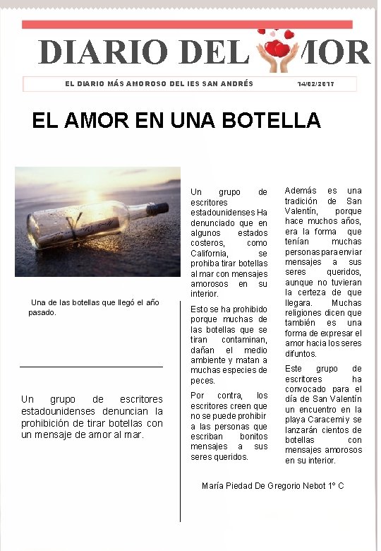 DIARIO DEL AMOR EL DIARIO MÁS AMOROSO DEL IES SAN ANDRÉS 14/02/2017 EL AMOR