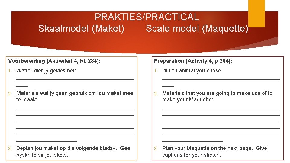 PRAKTIES/PRACTICAL Skaalmodel (Maket) Scale model (Maquette) Voorbereiding (Aktiwiteit 4, bl. 284): Preparation (Activity 4,