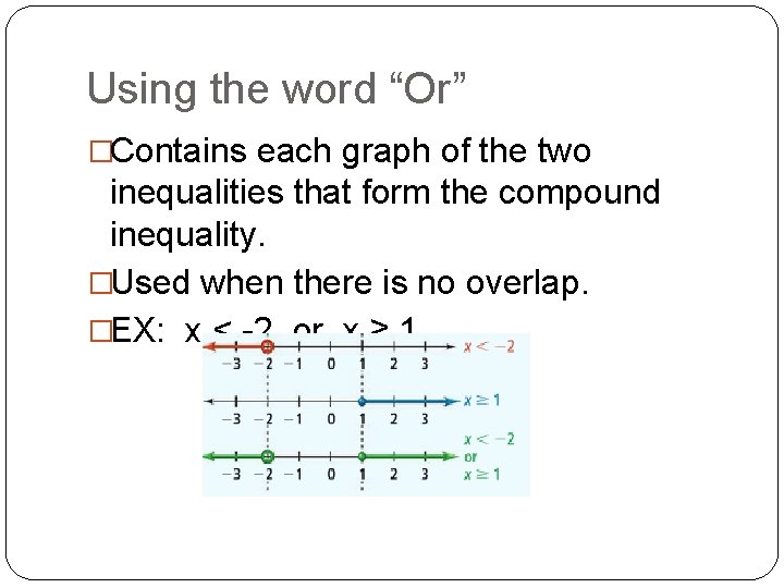 Using the word “Or” �Contains each graph of the two inequalities that form the