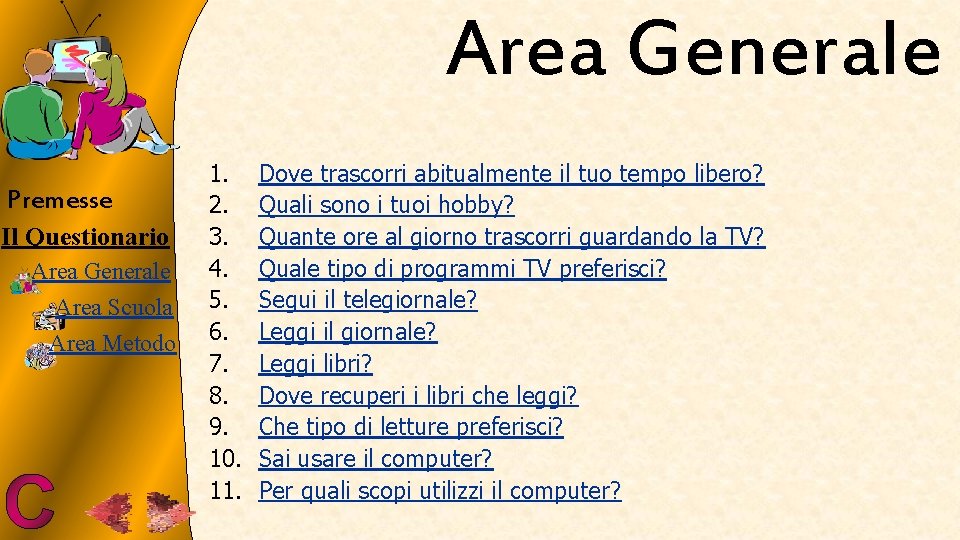 Area Generale Premesse Il Questionario Area Generale Area Scuola Area Metodo 1. 2. 3.