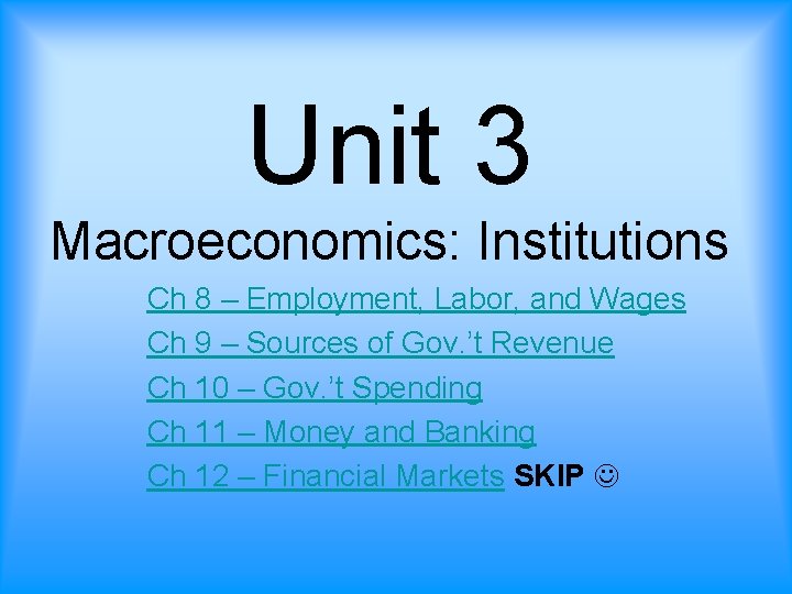 Unit 3 Macroeconomics: Institutions Ch 8 – Employment, Labor, and Wages Ch 9 –