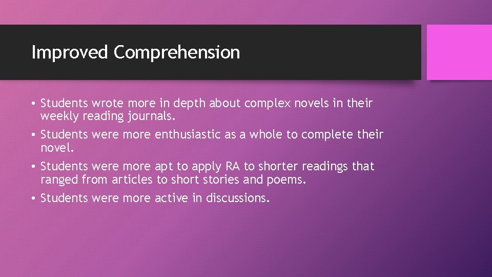 Improved Comprehension • Students wrote more in depth about complex novels in their weekly