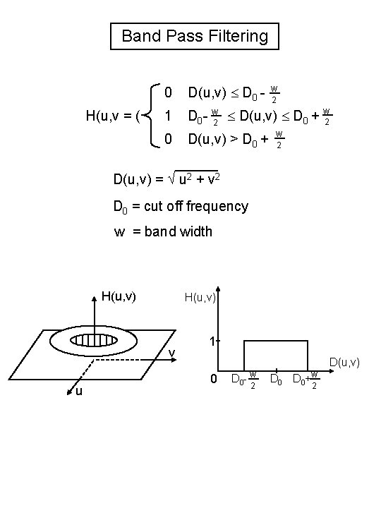 Band Pass Filtering H(u, v = ( 0 D(u, v) D 0 - 1