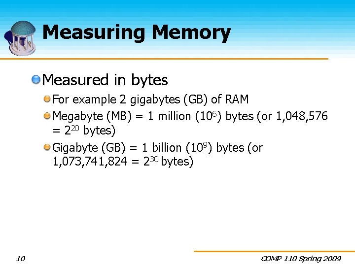Measuring Memory Measured in bytes For example 2 gigabytes (GB) of RAM Megabyte (MB)