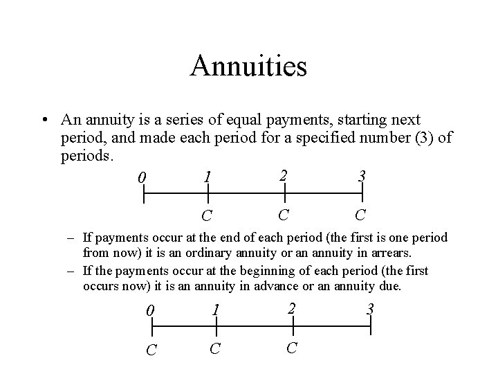 Annuities • An annuity is a series of equal payments, starting next period, and