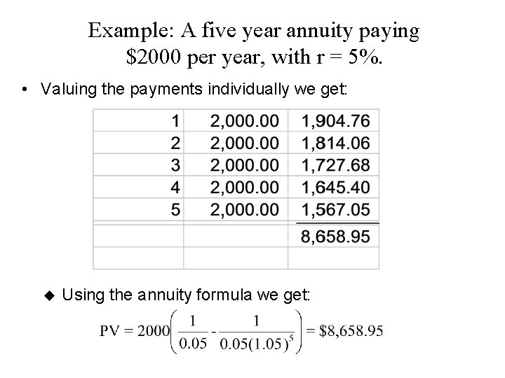 Example: A five year annuity paying $2000 per year, with r = 5%. •