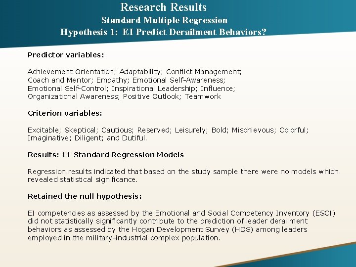 Research Results Standard Multiple Regression Hypothesis 1: EI Predict Derailment Behaviors? Predictor variables: Achievement